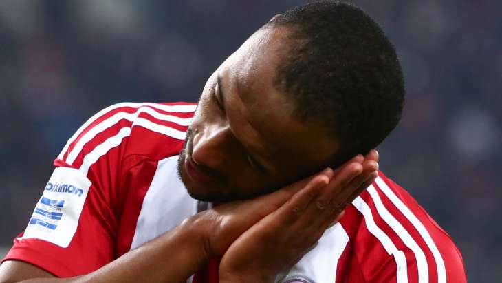 Ayoub El Kaabi, joueur de l'Olympiacos, célèbre son but lors du match de Stoiximan Super League entre l'Olympiacos et l'AEK FC.