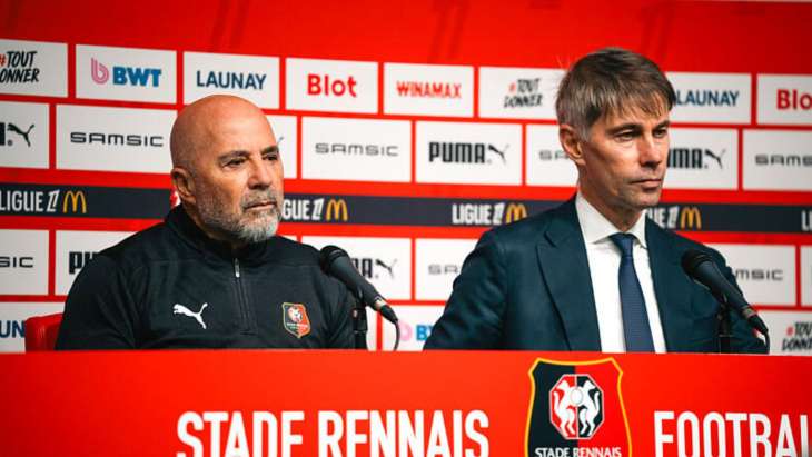 Jorge Sampaoli, le coach de Rennes, ici aux côtés de son directeur sportif, Frédéric Massara
